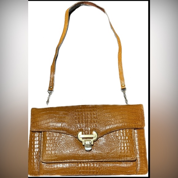 Vintage Cognac Alligator Pattern Leather Satchel Handbag Purse - Picture 1 of 9